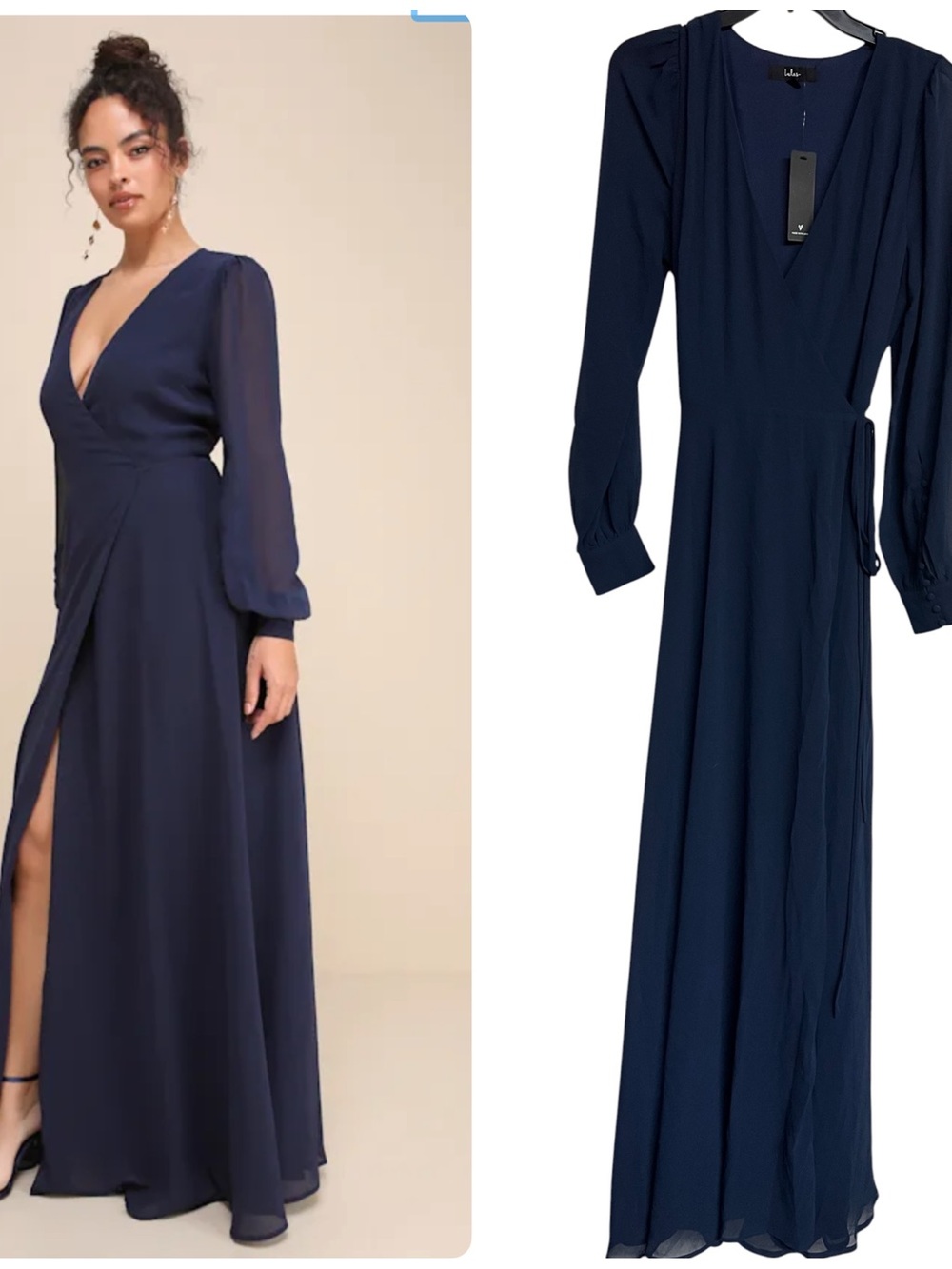 New Lulus My Whole Heart Dark Navy Blue Long Sleeve V-Neck Wrap Maxi Dress